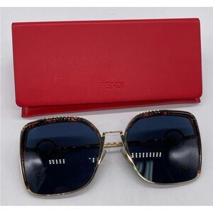 Fendi Gold Tortoise Square Frame Havana Sunglasses with Blue Lenses and Red Case